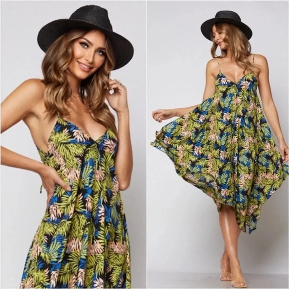 Tropical Leaf Midi Dress | Boho Flowy Summer Vacation Sundress - Picture 1 of 3